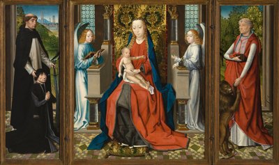 Triptych of Madonna and Child with Angels; Donor and His Patron Saint Peter Martyr; and Saint Jerome by Master of The Legend of St. Lucy